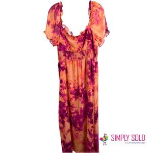 Bar III Womens Printed Maxi Dress Bell Sleeve Orange Pink Tie Dye Square Neck XL